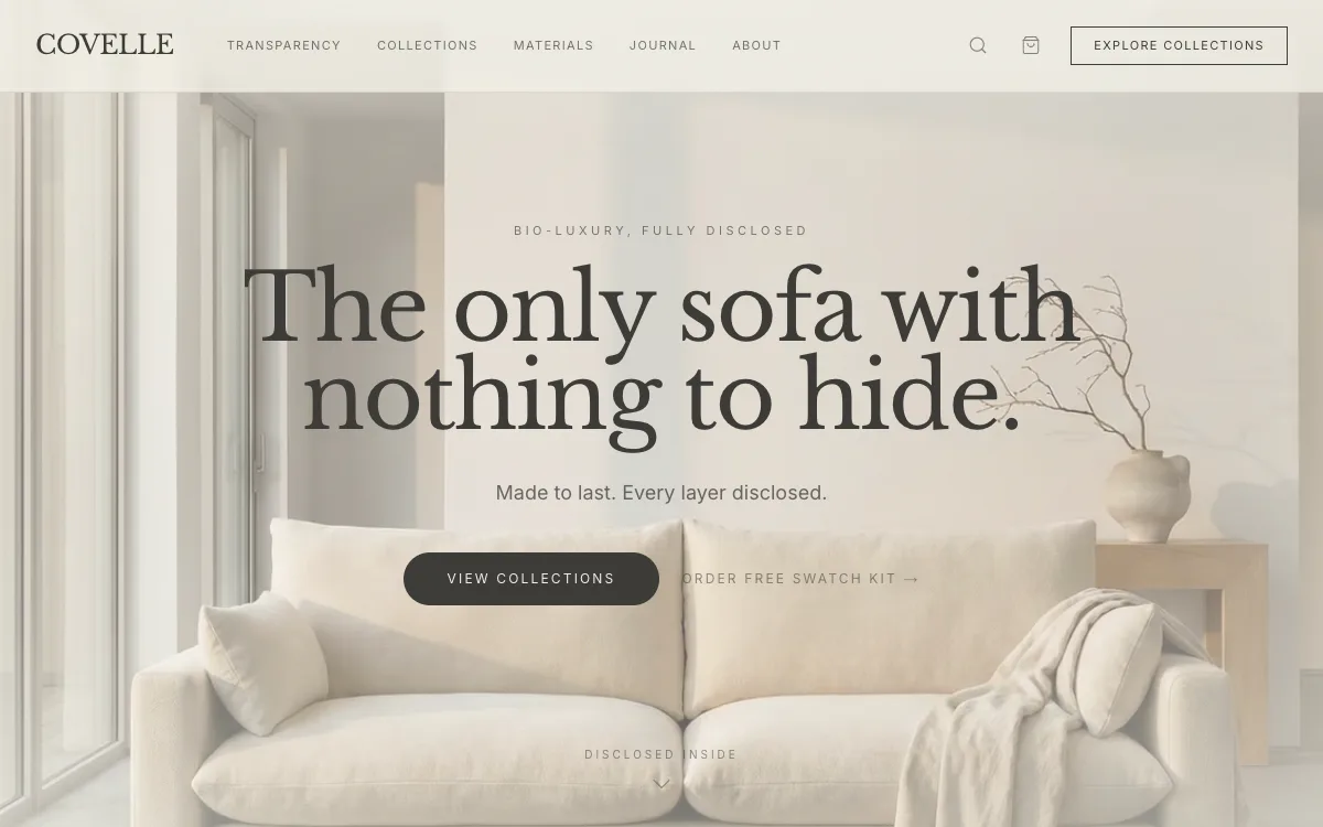 Tienda de Covelle Living — colecciones de muebles sostenibles con transparencia de materiales