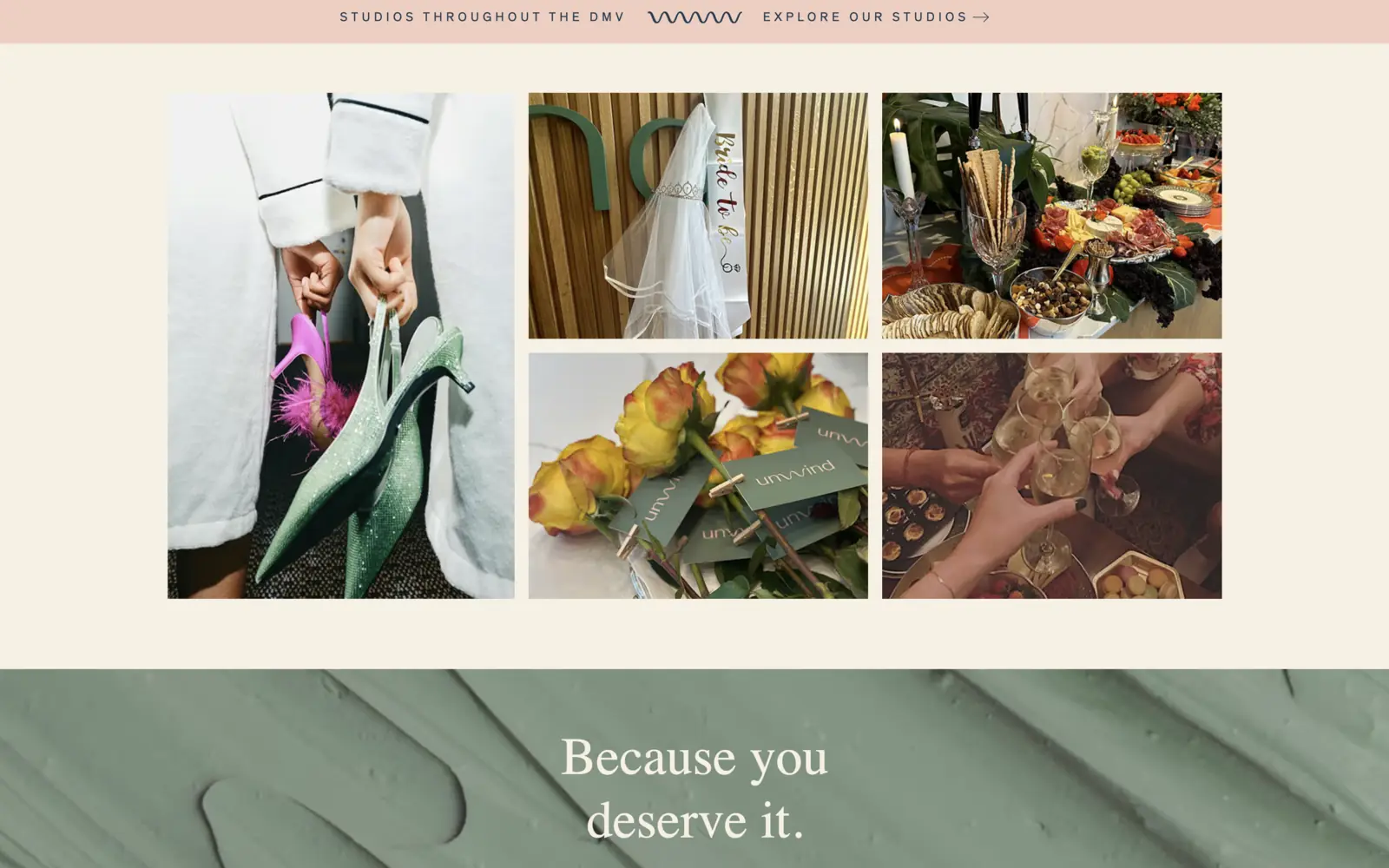 Unwind Wellness — collage de spa, masajes y momentos de bienestar bajo el lema «Because you deserve it.»
